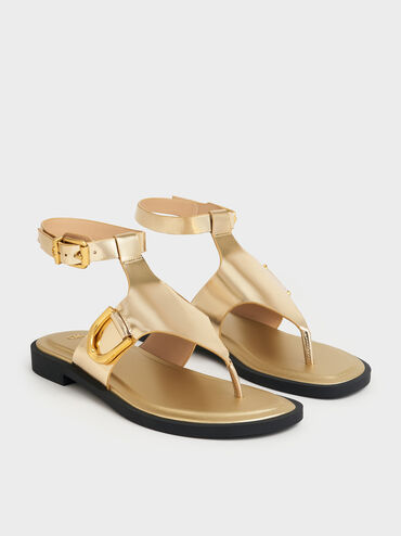 Gabine Metallic Leather Ankle-Strap Thong Sandals, Gold, hi-res