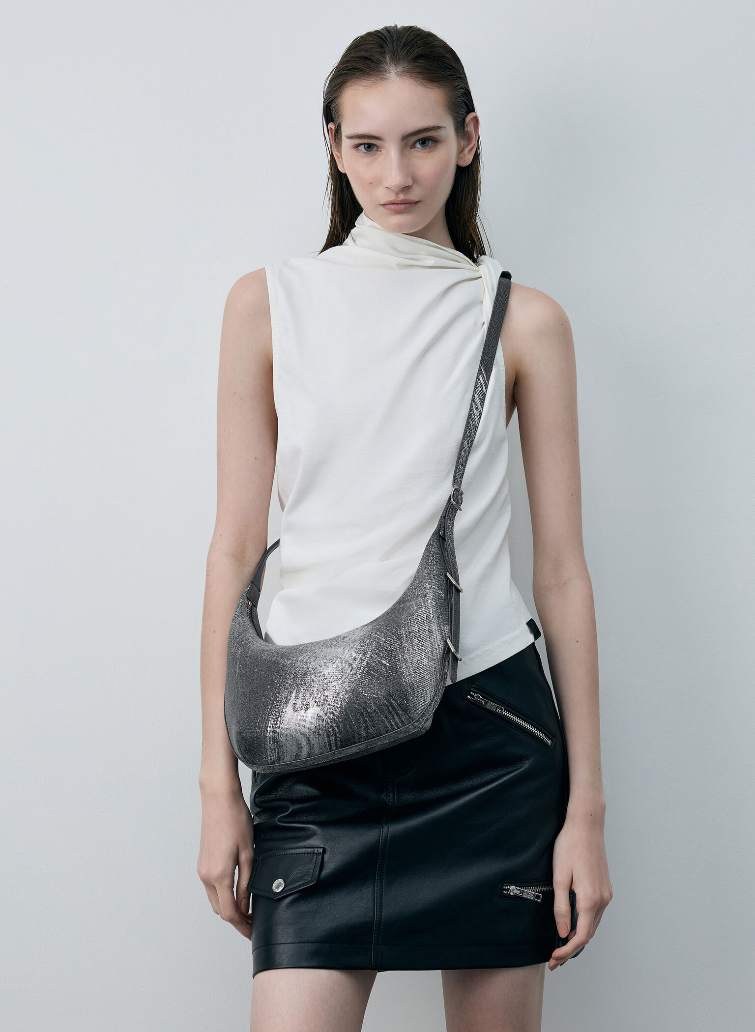Bryna Denim Curved Hobo Bag, Silver Brushed Denim, hi-res