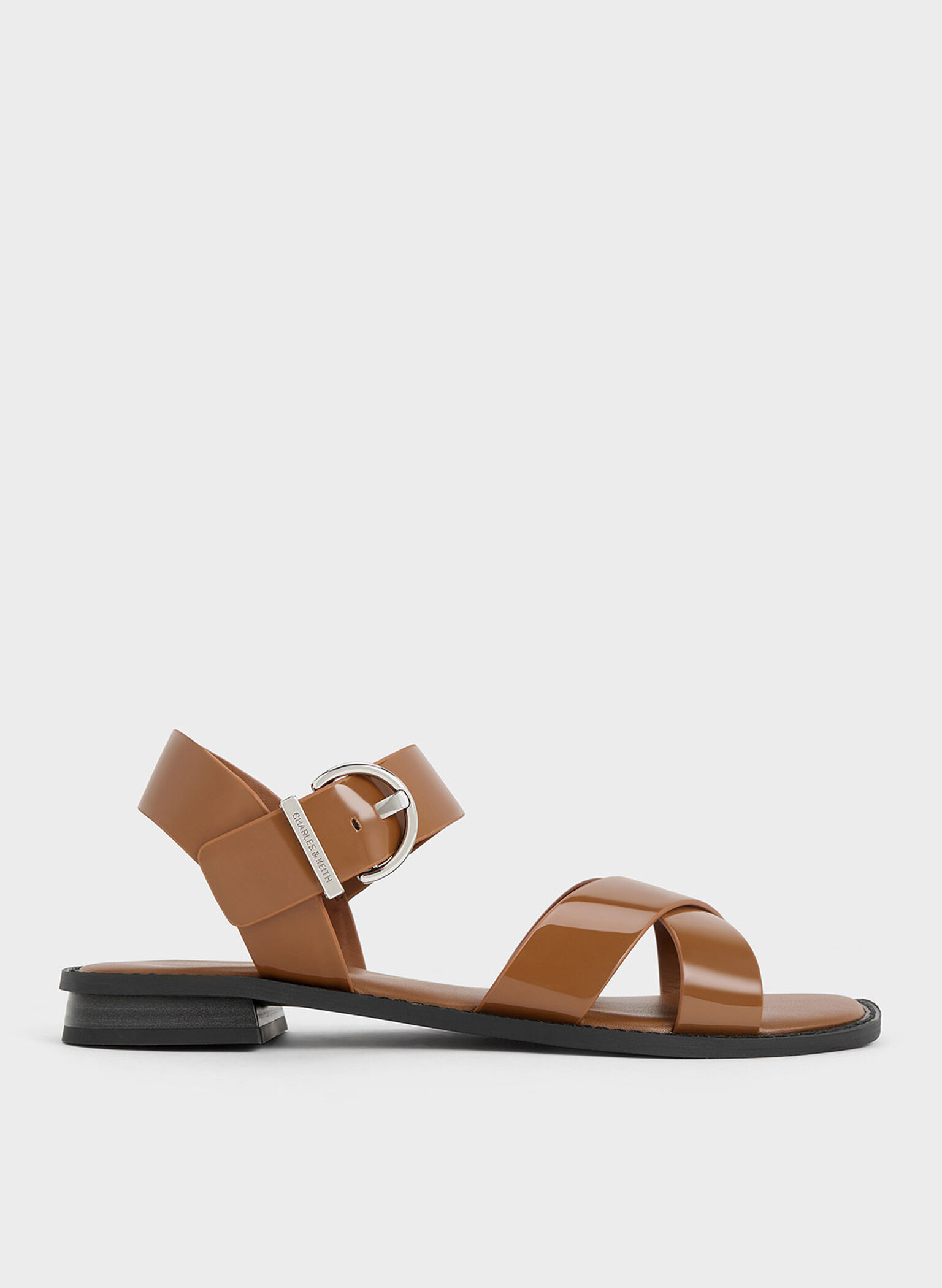 Patent Crossover Strap Sandals, Cognac, hi-res