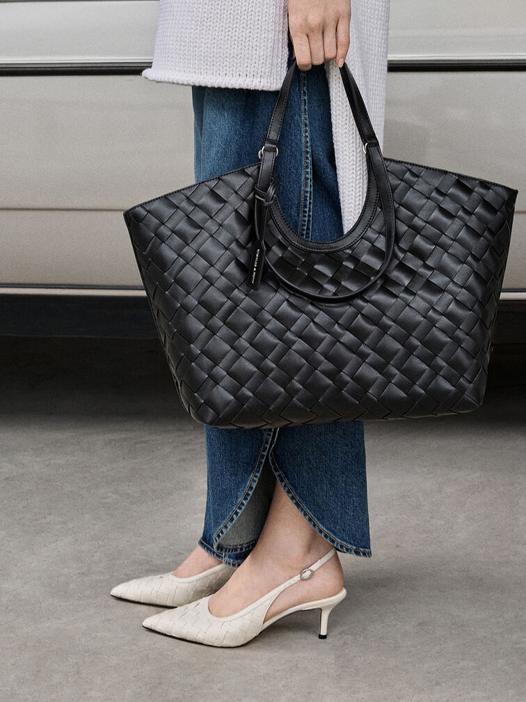 Woven Pointed-Toe Slingback Pumps, Chalk, hi-res