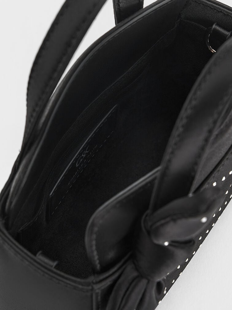 Satin Studded Knotted-Bow Mini Bag, Noir Studded Satin, hi-res