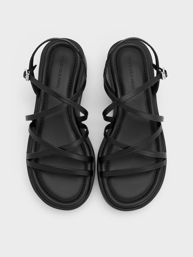 Strappy Ridged-Sole Flatform Sandals, Black, hi-res