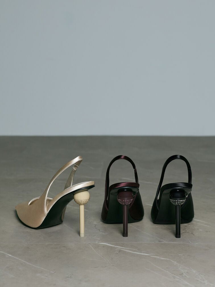Satin Crystal-Embellished Ball-Heel Pointed-Toe Slingback Pumps, Burgundy, hi-res
