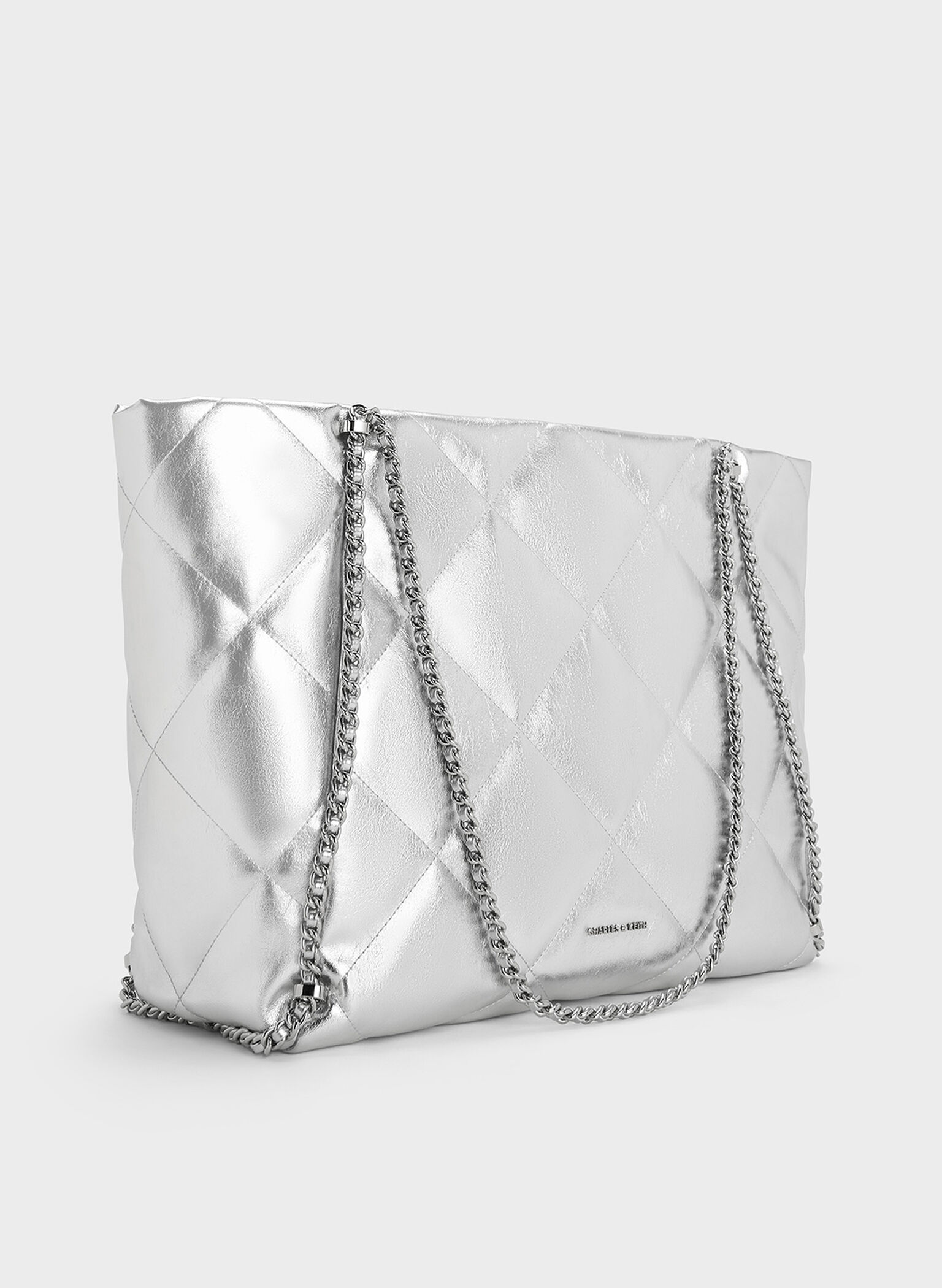 Apfra Metallic Quilted Chain-Embellished Tote Bag, Silver, hi-res