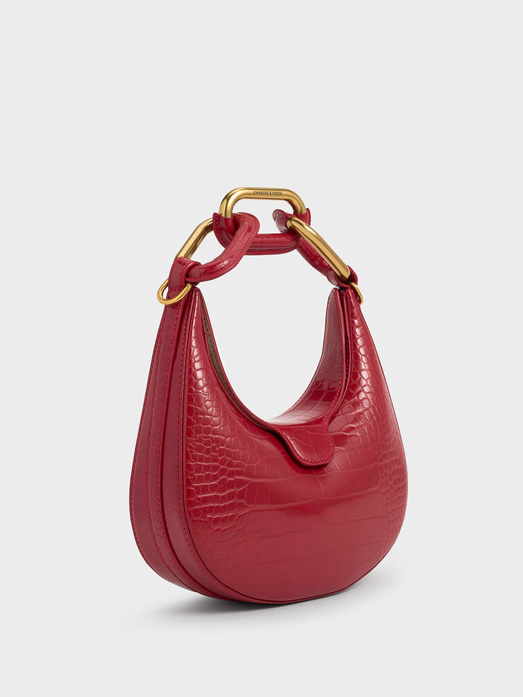 Mini Kora Croc-Effect Chain-Link Moon Bag, Crimson, hi-res