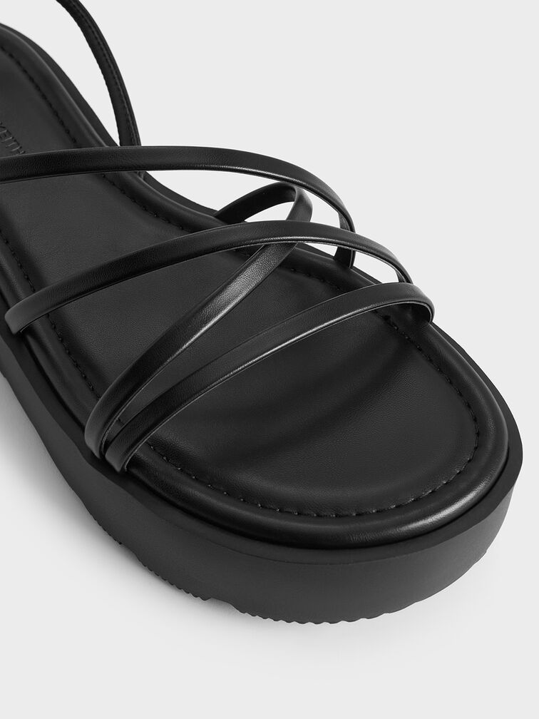 Strappy Ridged-Sole Flatform Sandals, Black, hi-res