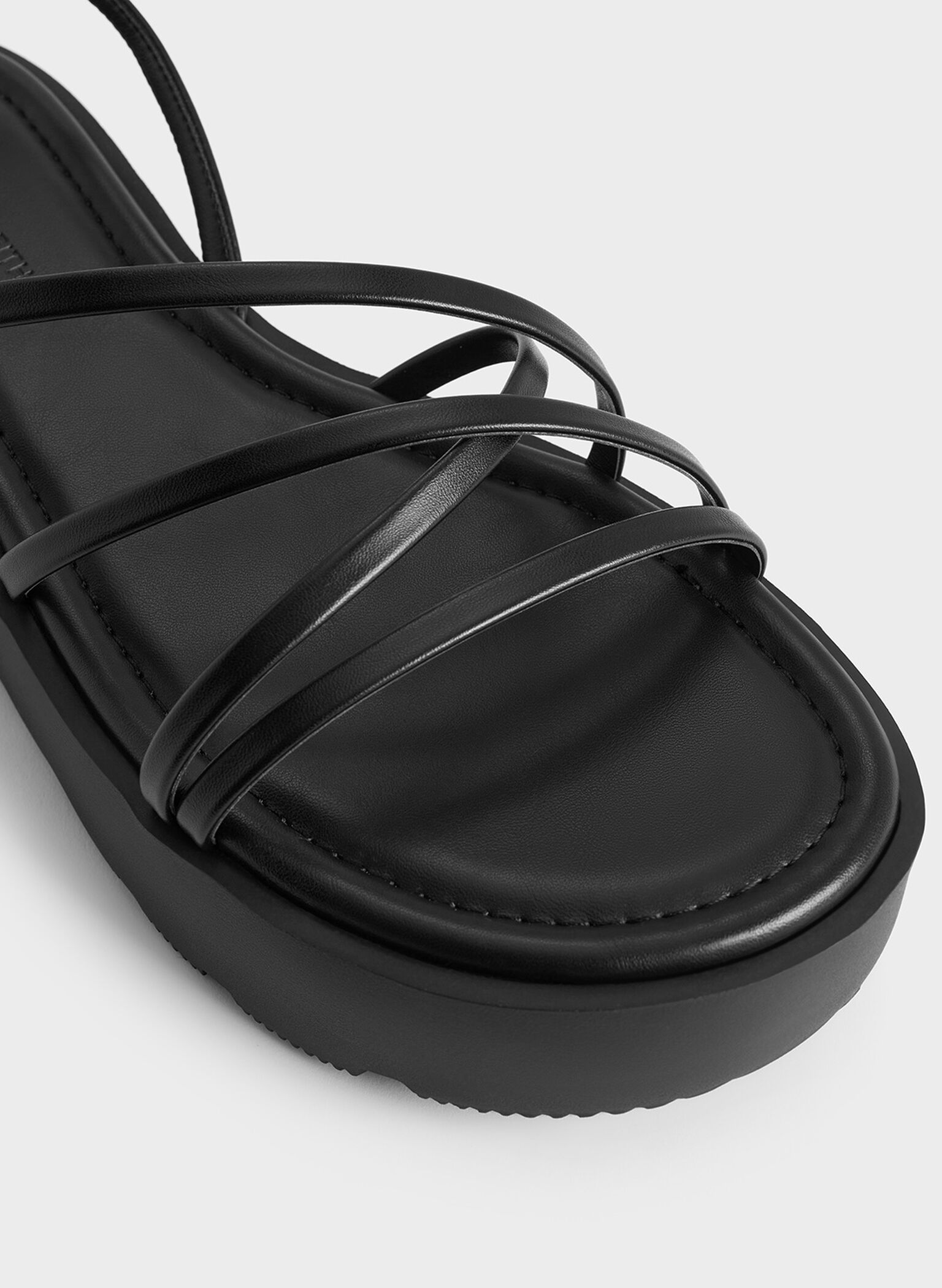Strappy Ridged-Sole Flatform Sandals, Black, hi-res