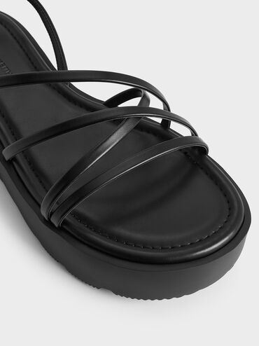 Strappy Ridged-Sole Flatform Sandals, Black, hi-res