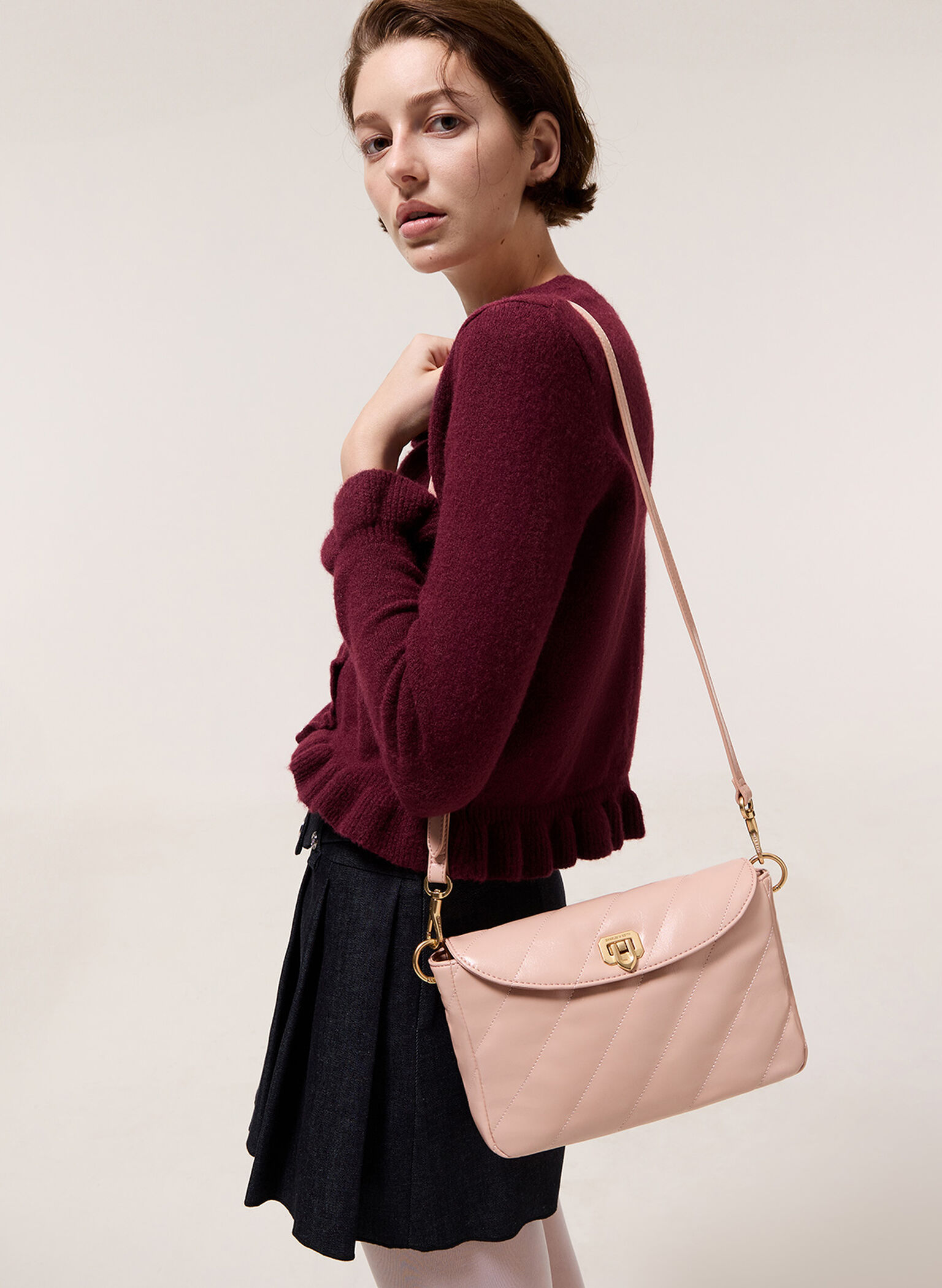 Fawn Panelled Front Flap Chain-Handle Bag, Light Pink, hi-res