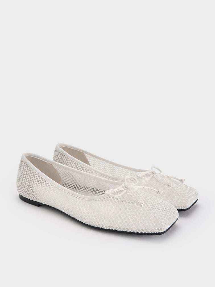 Mesh Square-Toe Bow Ballet Flats, White, hi-res