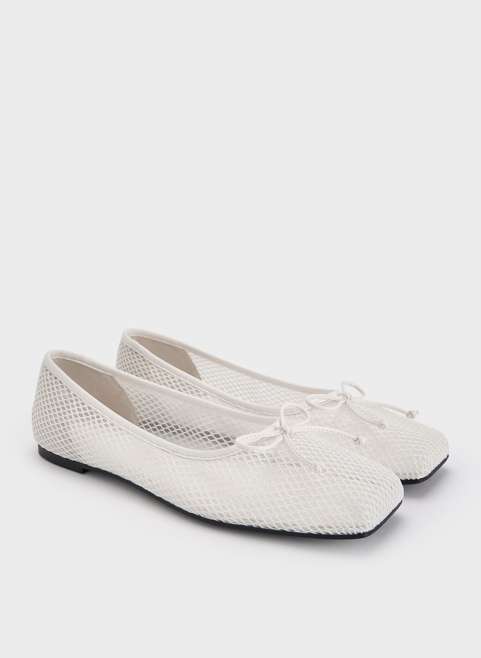 Mesh Square-Toe Bow Ballet Flats, White, hi-res
