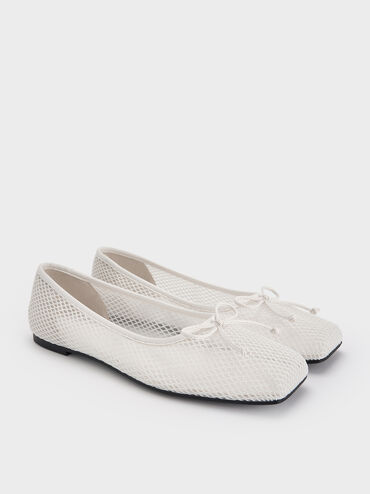 Mesh Square-Toe Bow Ballet Flats, White, hi-res