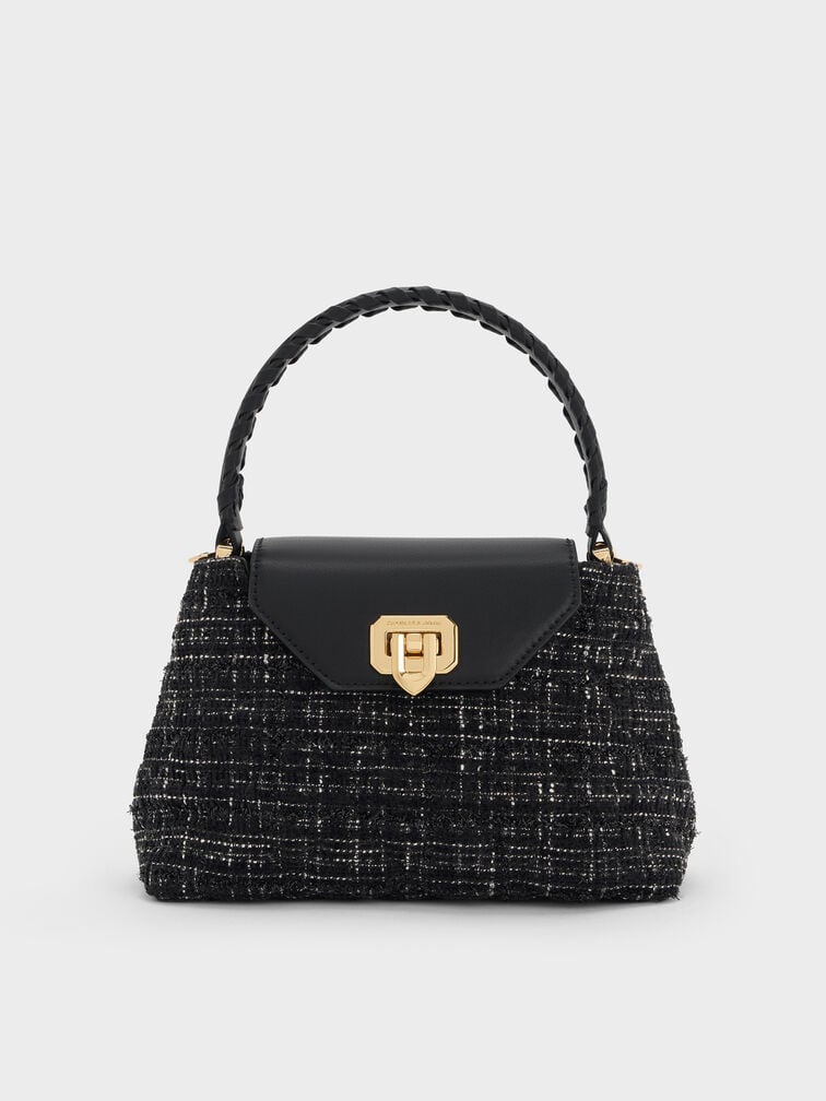 Arwen Tweed Quilted Braided-Strap Top Handle Bag, Black Tweed, hi-res