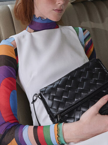 Ivette Woven Front Flap Crossbody Bag, Noir, hi-res