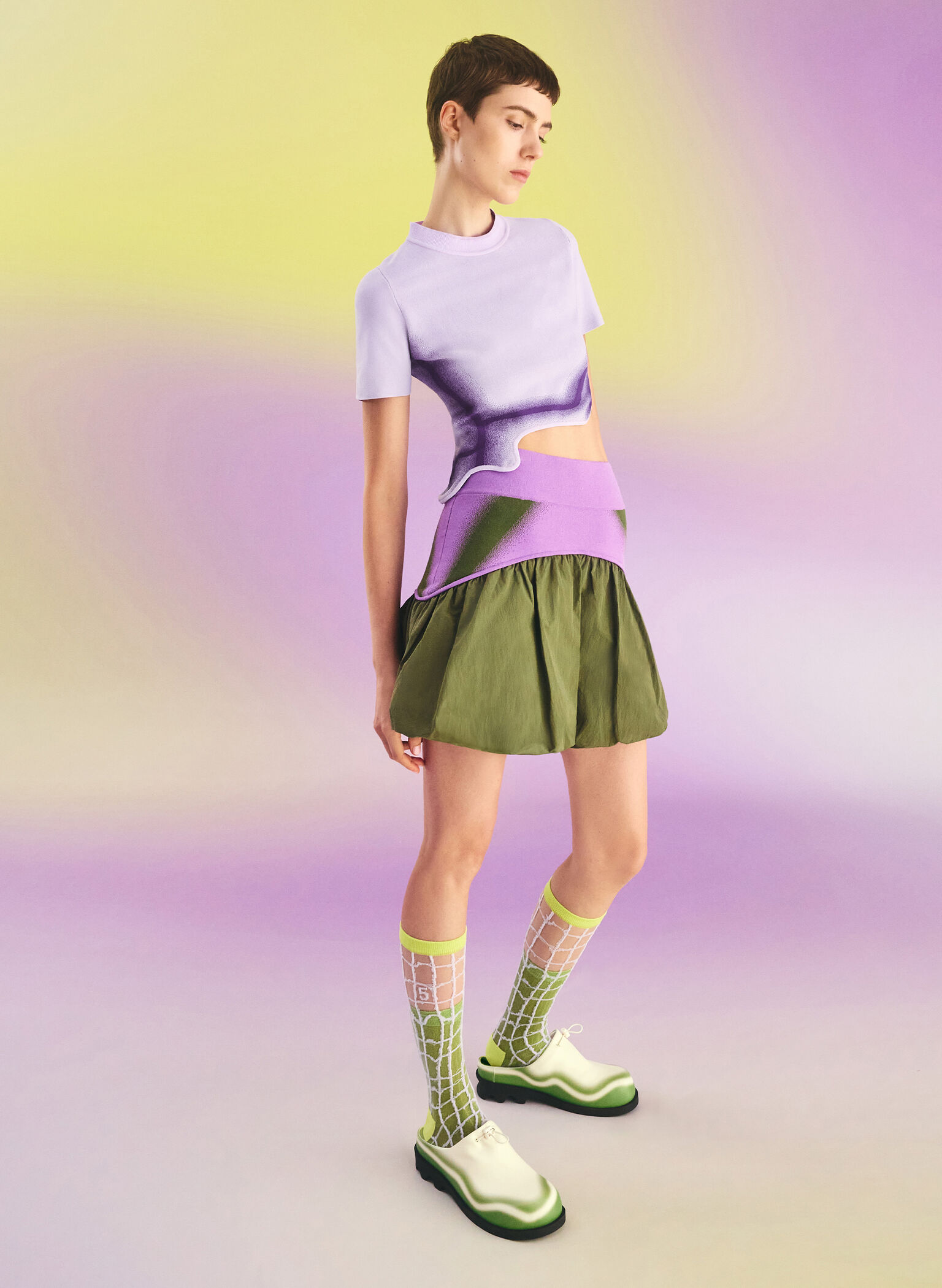 Recycled Polyester Knitted Gradient Wave-Hem Crop Top, Lilac, hi-res