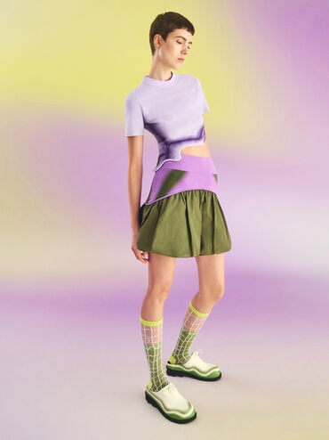 Recycled Polyester Knitted Gradient Wave-Hem Crop Top, Lilac, hi-res