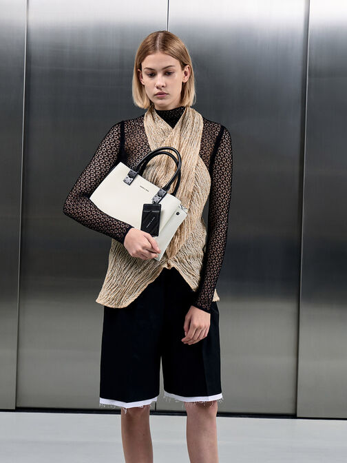 Double Top Handle Structured Bag, White, hi-res