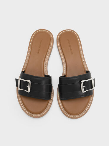 Buckled Slide Sandals, Black, hi-res