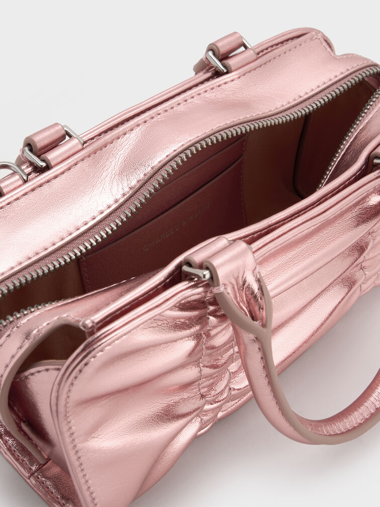 Kadee Metallic Ruched Bow-Charm Bowling Bag, Aura Pink, hi-res