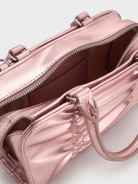 Kadee Metallic Ruched Bow-Charm Bowling Bag, Aura Pink, hi-res