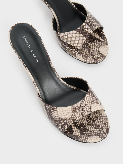 Snake-Print Slant Heel Mules, Animal Print Natural, hi-res