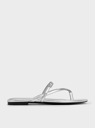 Metallic Crystal-Buckle Strappy Thong Sandals, Silver, hi-res