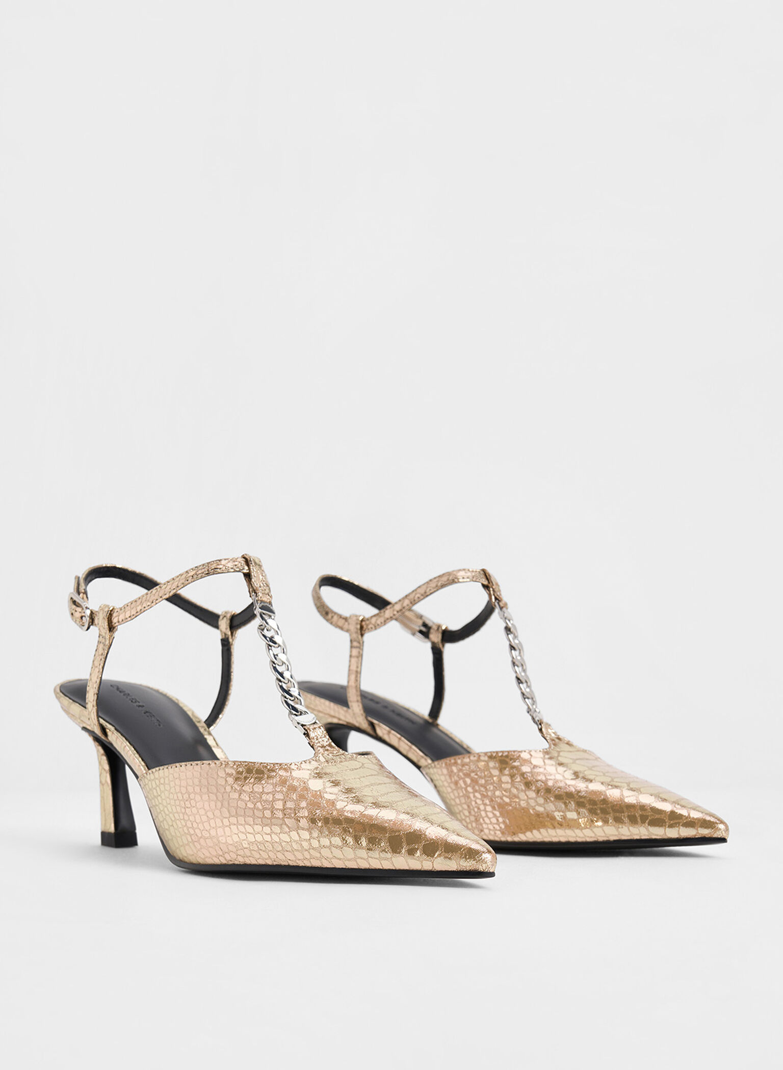 Metallic Snake-Effect T-Bar Chain-Link Pointed-Toe Pumps, Animal Print Gold, hi-res