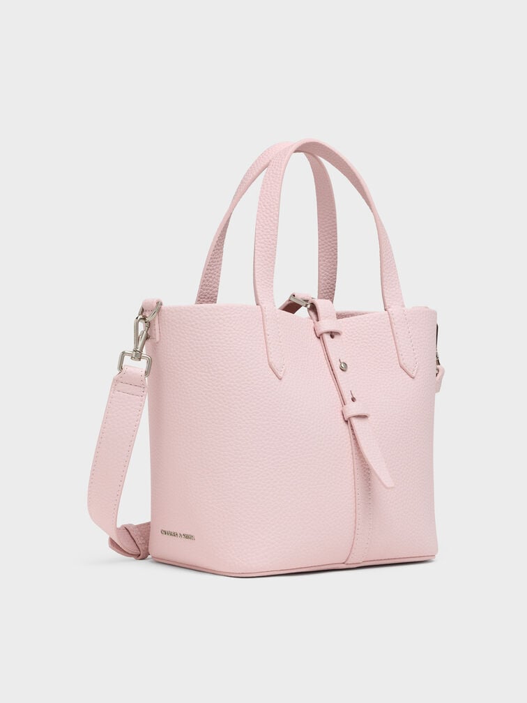 Beryl Recycled Leather Double-Handle Belted Bucket Bag, Cotton Candy Pink, hi-res