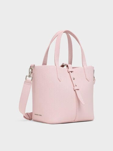Beryl Recycled Leather Double-Handle Belted Bucket Bag, Cotton Candy Pink, hi-res