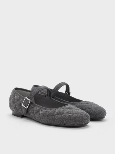 Carmel Felt Quilted Buckled Mary Jane Flats, Grey, hi-res