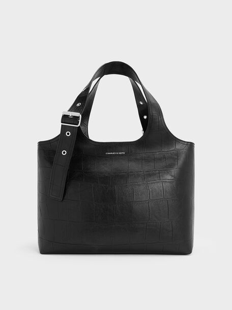 Liv Croc-Effect Tote Bag, Noir, hi-res