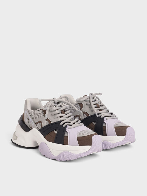 Mesh Contrast-Trim Chunky Sneakers, Brown, hi-res