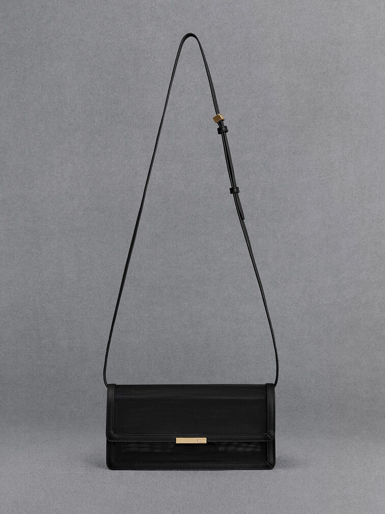 Mesh & Leather Shoulder Bag, Black, hi-res