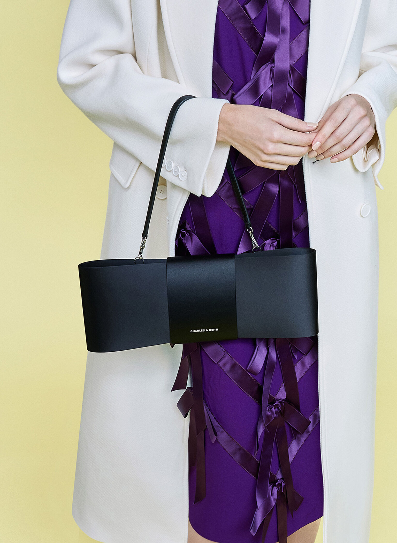 Satin Bow Elongated Shoulder Bag, Noir, hi-res