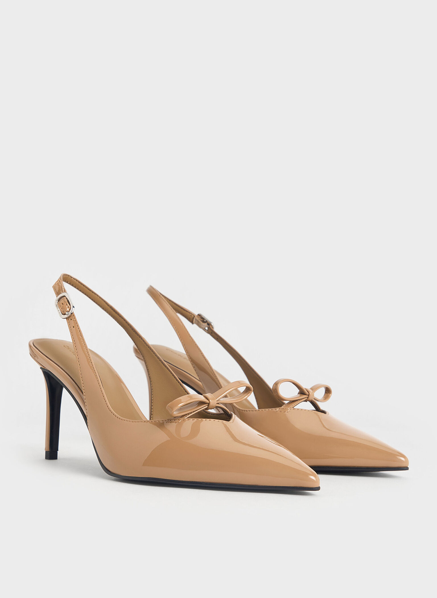 Patent Bow Slingback Pumps, Caramel, hi-res