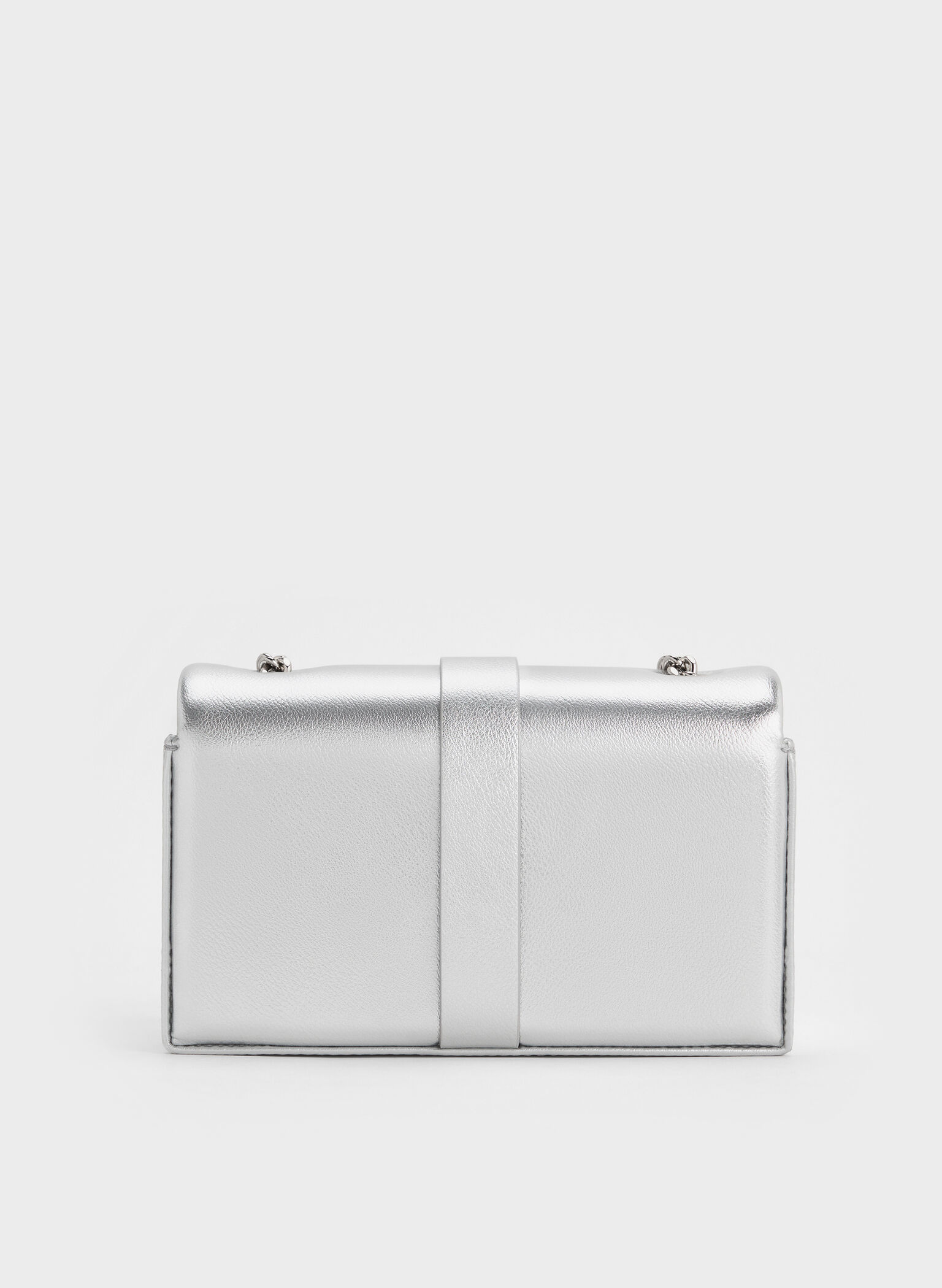 Metallic Crystal-Buckle Belted Chain-Handle Bag, Silver, hi-res