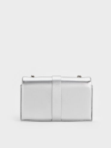 Metallic Crystal-Buckle Belted Chain-Handle Bag, Silver, hi-res