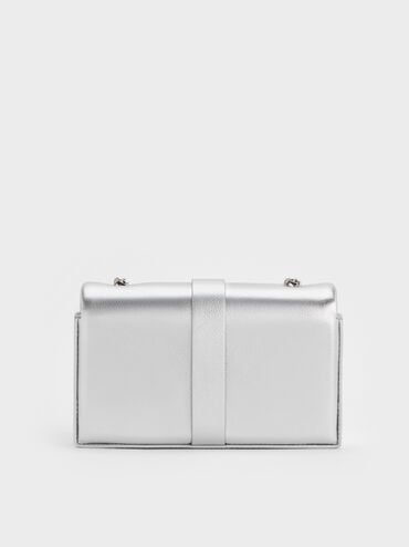 Metallic Crystal-Buckle Belted Chain-Handle Bag, Silver, hi-res