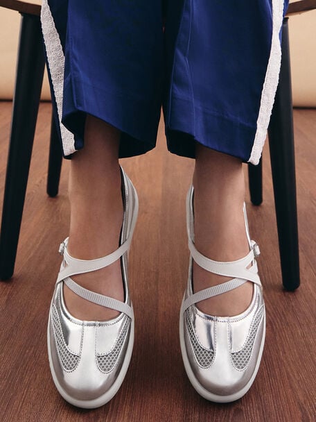 Metallic Mesh Two-Tone Ballet Sneakers, Silver, hi-res