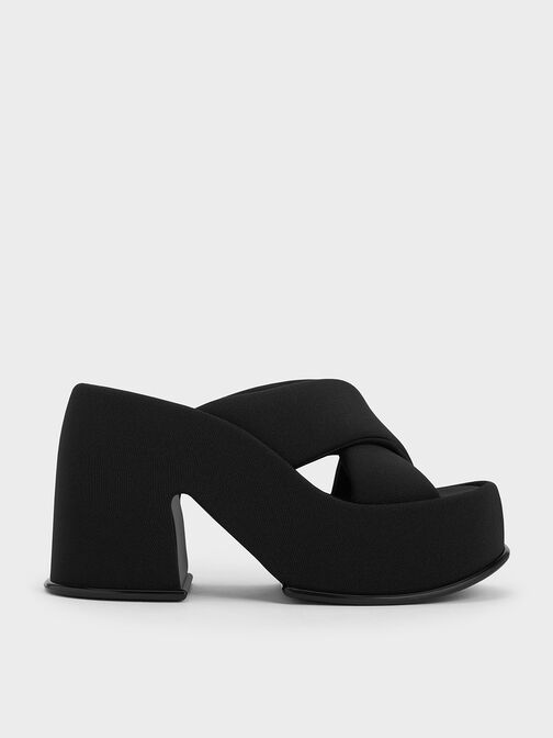 Toni Puffy-Strap Crossover Platform Mules, Black Textured, hi-res