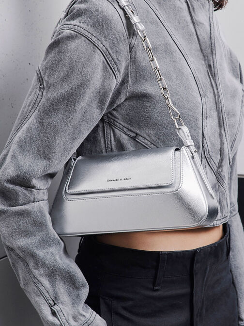 Olivia Metallic Trapeze Shoulder Bag, Silver, hi-res