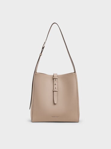 Beryl Recycled Leather Belted Hobo Bag, Taupe, hi-res