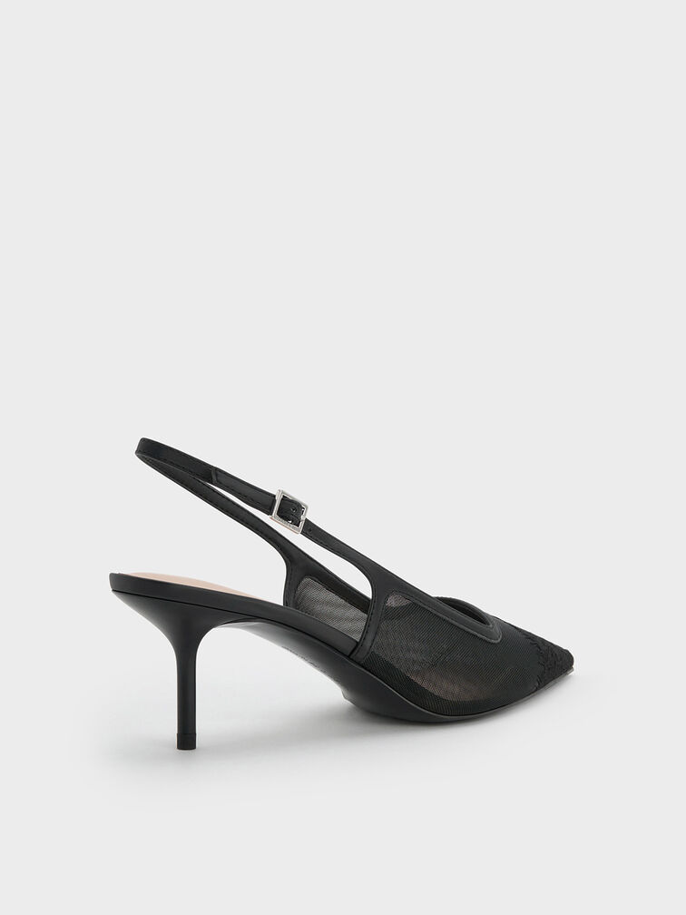 Mesh & Lace Pointed-Toe Slingback Pumps, Black Textured, hi-res