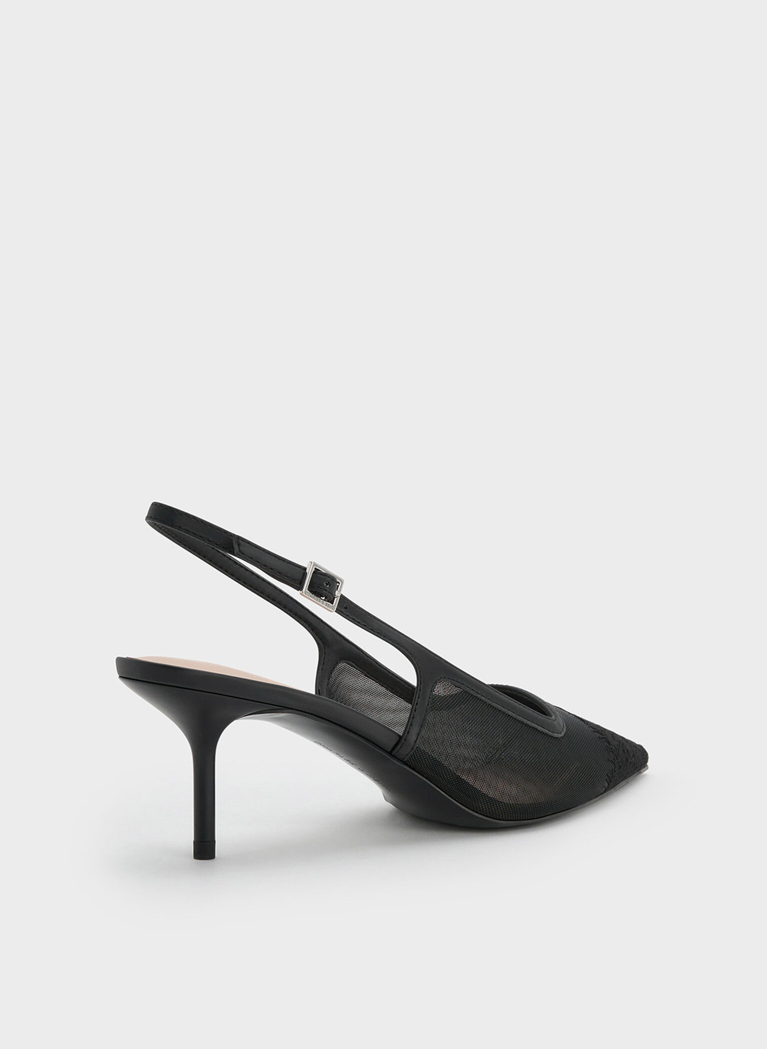 Mesh & Lace Pointed-Toe Slingback Pumps, Black Textured, hi-res