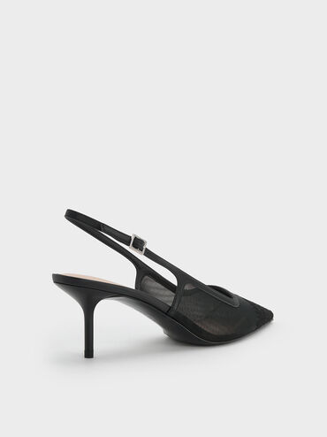 Mesh & Lace Pointed-Toe Slingback Pumps, Black Textured, hi-res