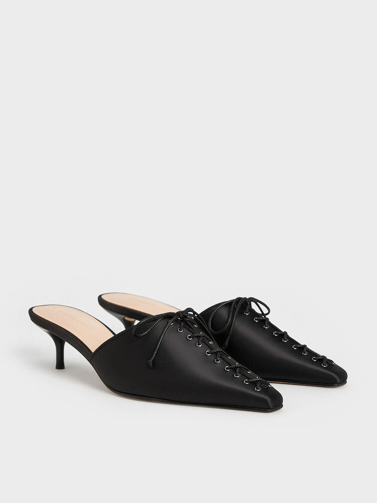 Satin Lace-Up Pointed-Toe Kitten-Heel Mules, Black Textured, hi-res