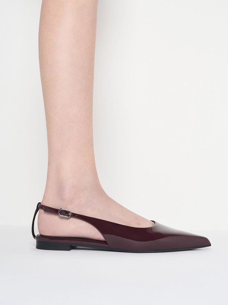 Patent Cut-Out Pointed-Toe Slingback Flats, Burgundy, hi-res