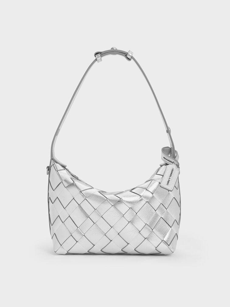 Ivette Metallic Woven Shoulder Bag, Silver, hi-res