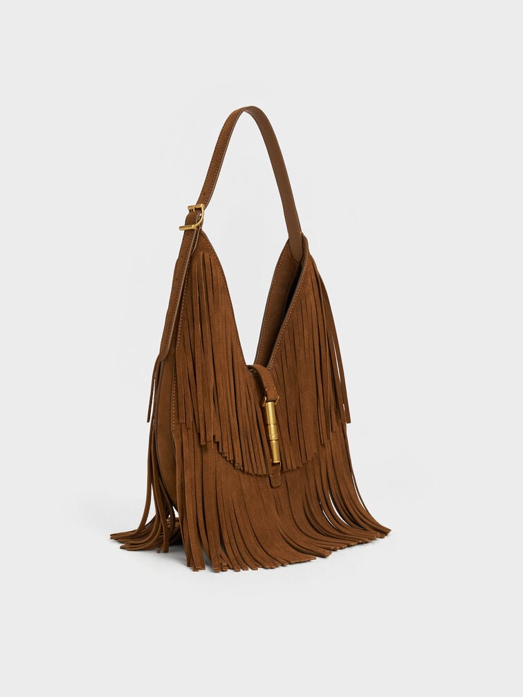 Cesia Recycled Suede Fringed Hobo Bag, Sienna Brown, hi-res