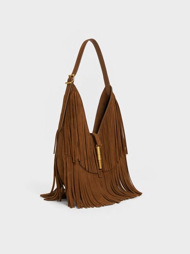 Cesia Recycled Suede Fringed Hobo Bag, Sienna Brown, hi-res